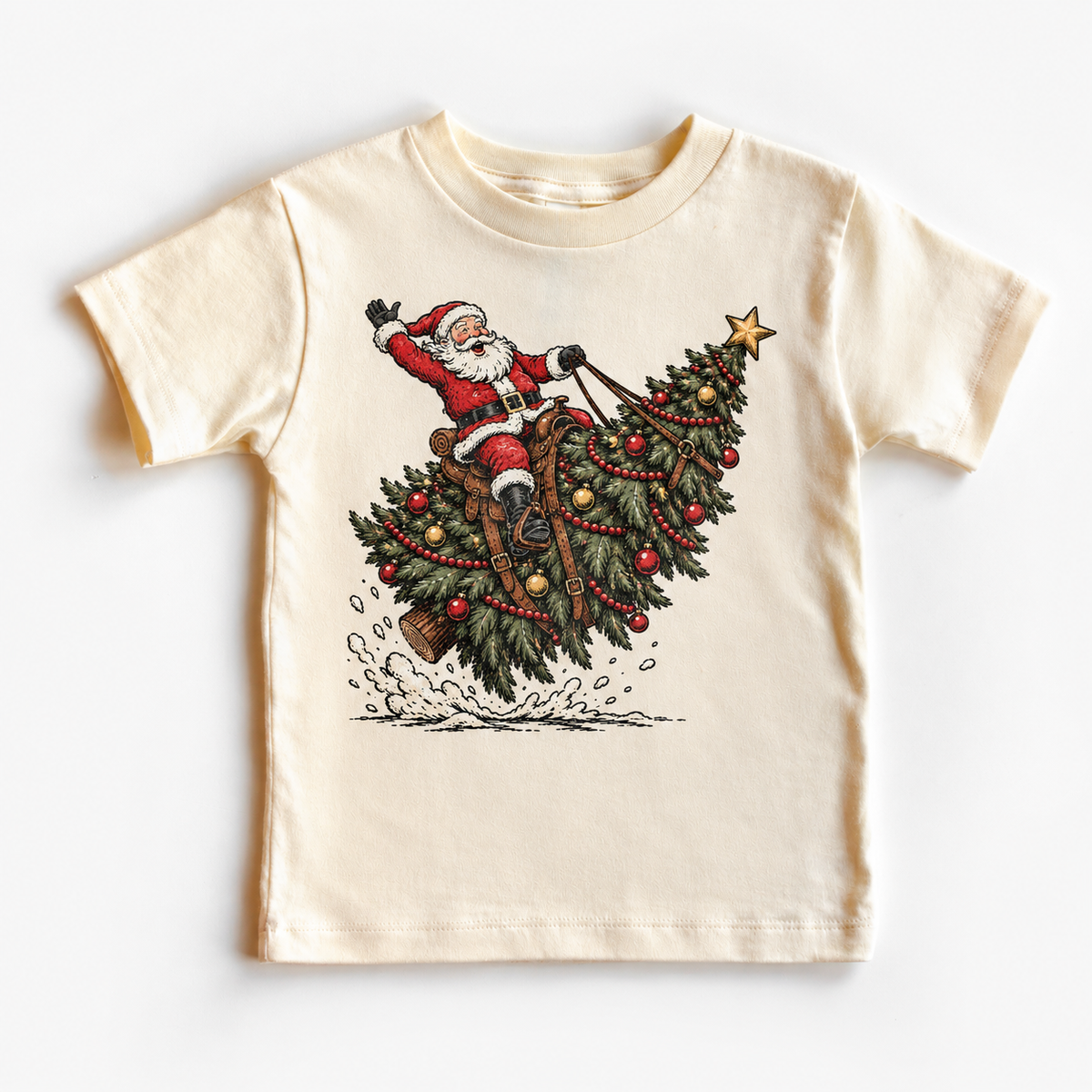 Santa riding a decorated Christmas tree on natural short-sleeve tee