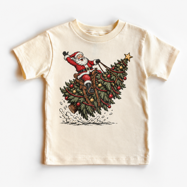 Santa riding a decorated Christmas tree on natural short-sleeve tee