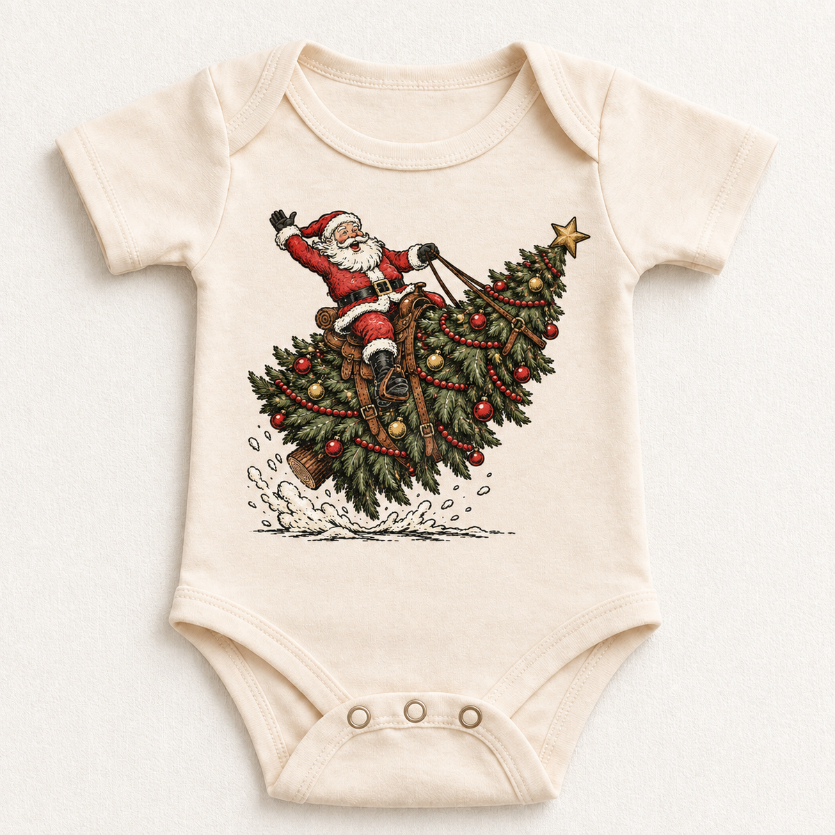 Santa riding a decorated Christmas tree on natural baby bodysuit
