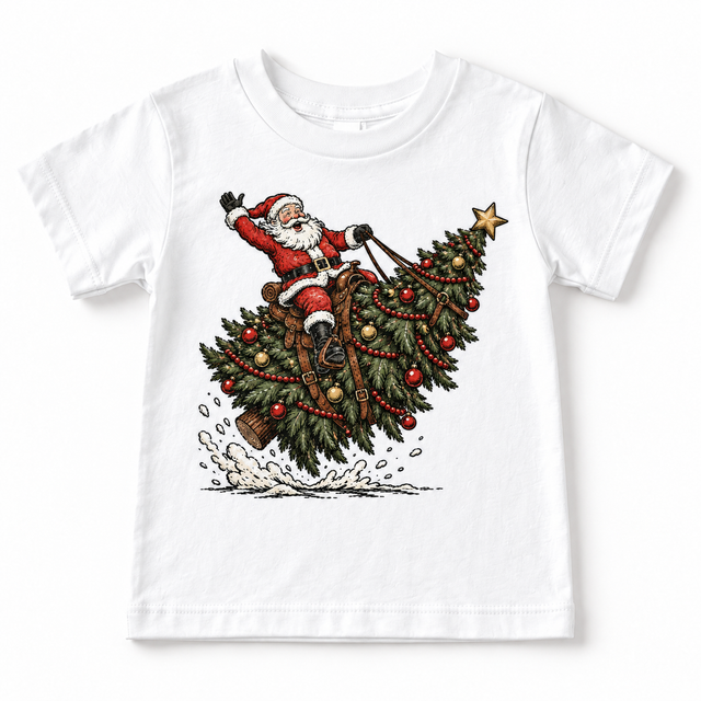 Santa riding a decorated Christmas tree on white short-sleeve tee