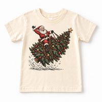 Santa riding a decorated Christmas tree on natural short-sleeve tee