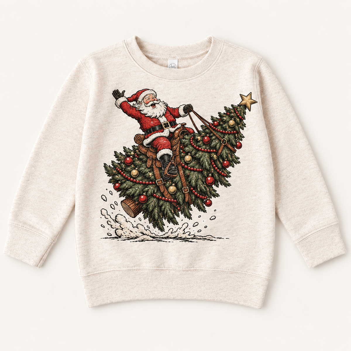 Santa riding a decorated Christmas tree on heathered natural sweatshirt