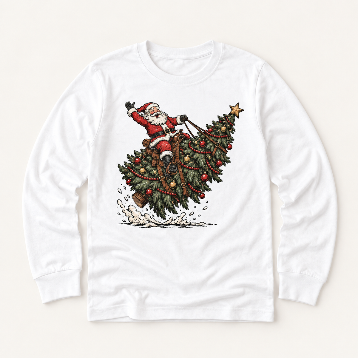 Santa riding a decorated Christmas tree on white long sleeve tee