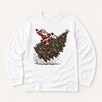 Santa riding a decorated Christmas tree on white long sleeve tee