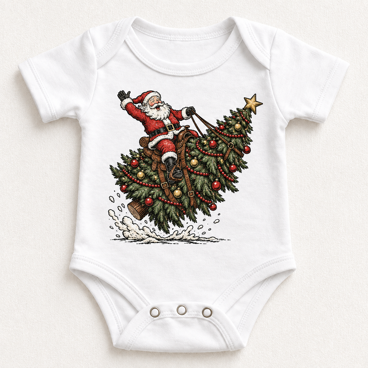 Santa riding a decorated Christmas tree on white baby bodysuit