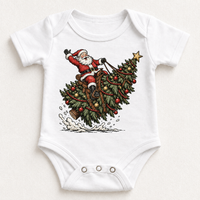 Santa riding a decorated Christmas tree on white baby bodysuit