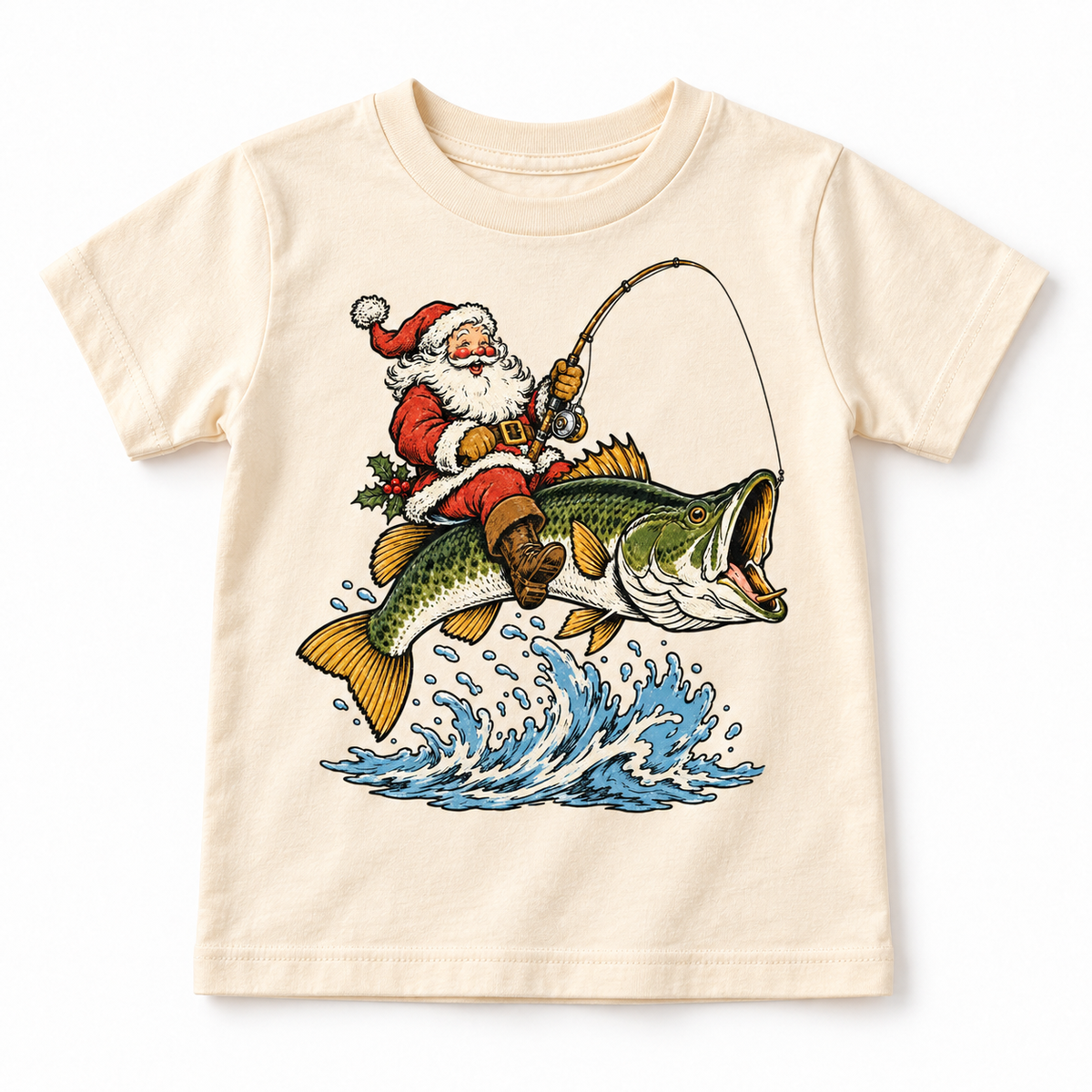 Santa riding a bass Christmas graphic on natural tee