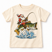 Santa riding a bass Christmas graphic on natural tee