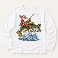 Santa riding a bass Christmas graphic on white long sleeve