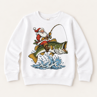 Santa riding a bass Christmas graphic on white sweatshirt