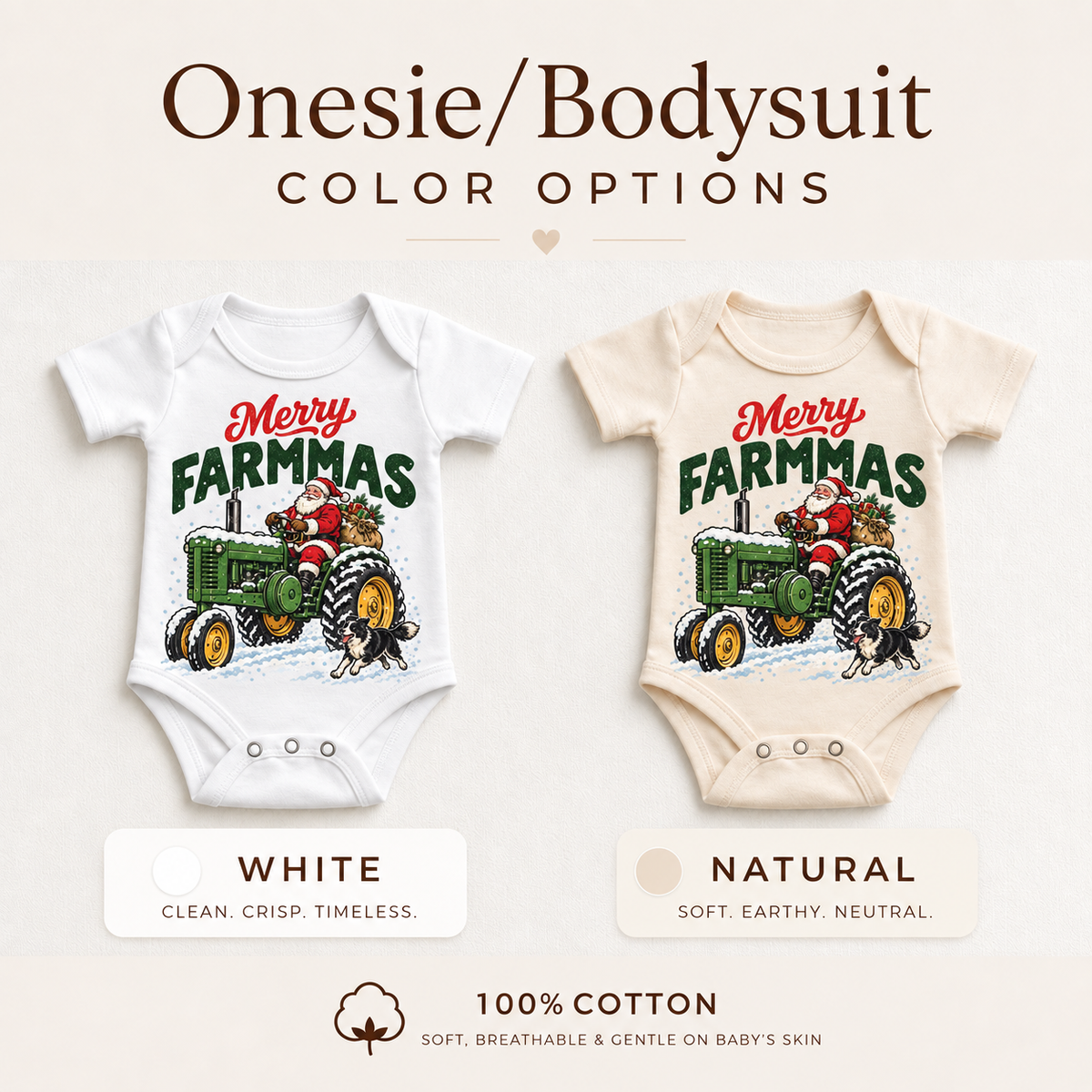 Merry Farmmas Santa tractor baby bodysuits in white and natural
