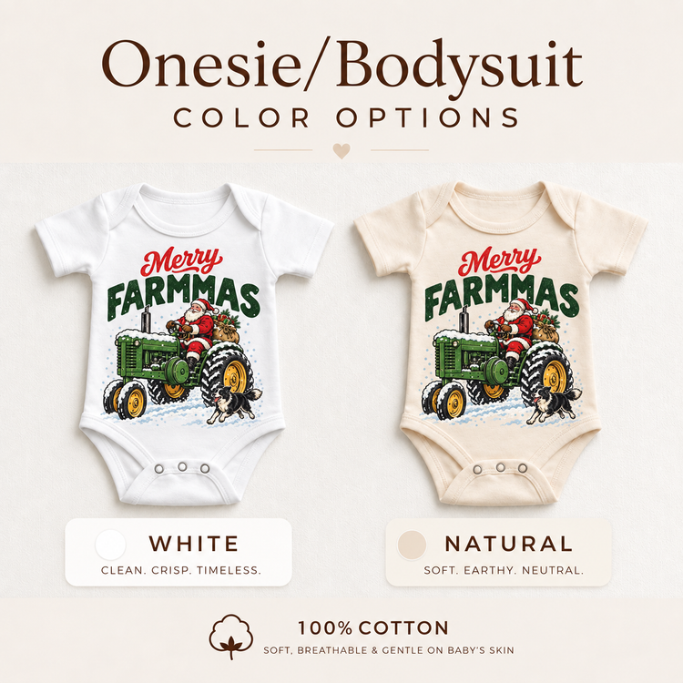 Merry Farmmas Santa tractor baby bodysuits in white and natural