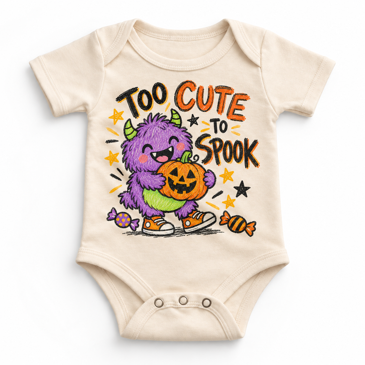 Too Cute to Spook Halloween baby bodysuit in natural