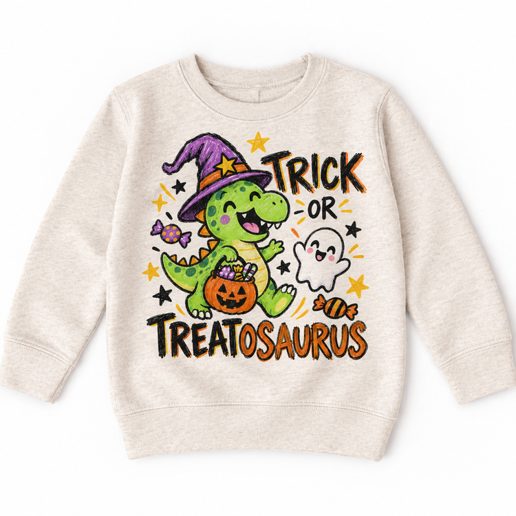 Trick or Treatosaurus Dinosaur Halloween Shirt for Kids – natural youth sweatshirt