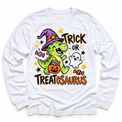 Trick or Treatosaurus Dinosaur Halloween Shirt for Kids – white long-sleeve youth shirt