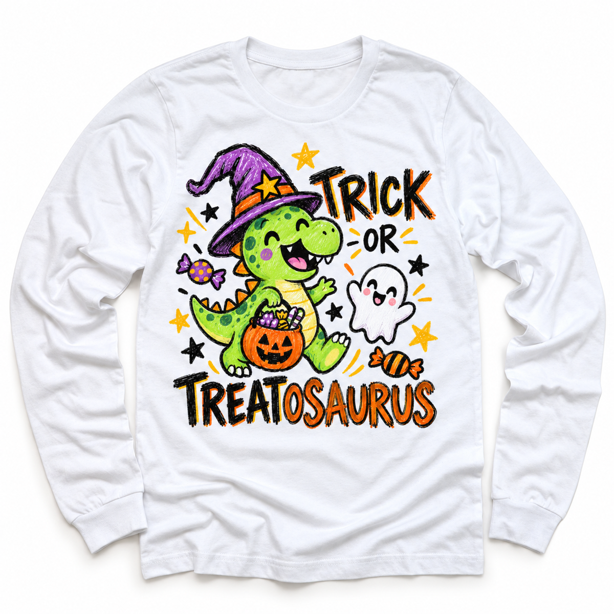 Trick or Treatosaurus Dinosaur Halloween Shirt for Kids – white long-sleeve youth shirt