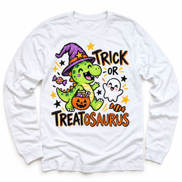 Trick or Treatosaurus Dinosaur Halloween Shirt for Kids – white long-sleeve youth shirt