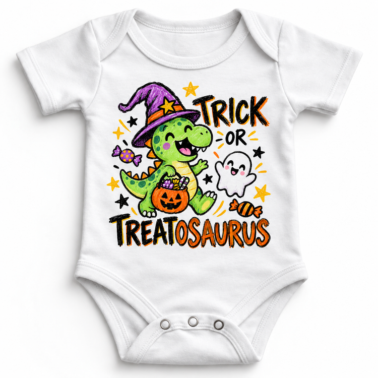 Trick or Treatosaurus Dinosaur Halloween Shirt for Kids – white baby bodysuit