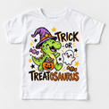 Trick or Treatosaurus Dinosaur Halloween Shirt for Kids – white short-sleeve youth shirt