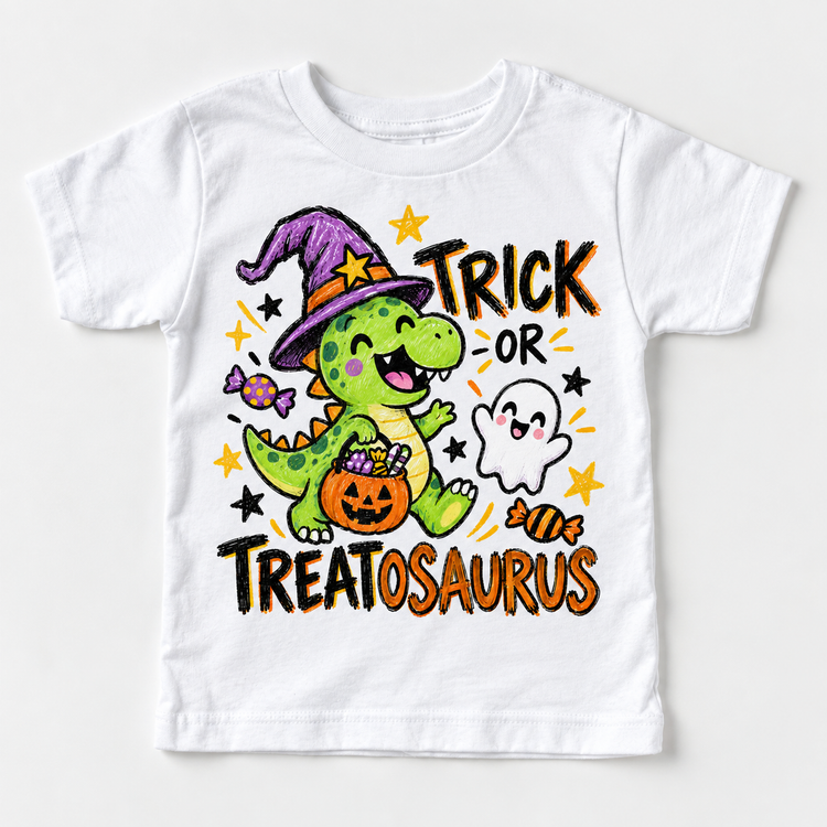 Trick or Treatosaurus Dinosaur Halloween Shirt for Kids – white short-sleeve youth shirt