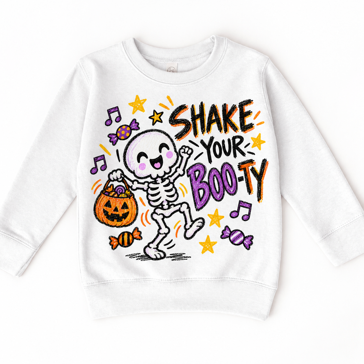 Shake Your Boo-Ty Skeleton Halloween Shirt for Kids – white youth sweatshirt
