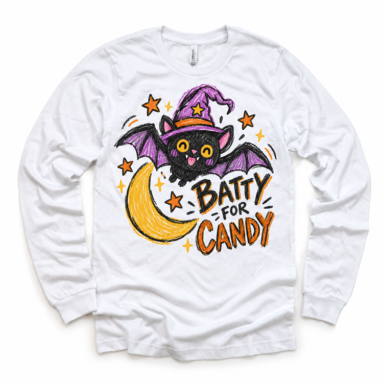 Batty for Candy Halloween Shirt for Kids – white long-sleeve youth shirt