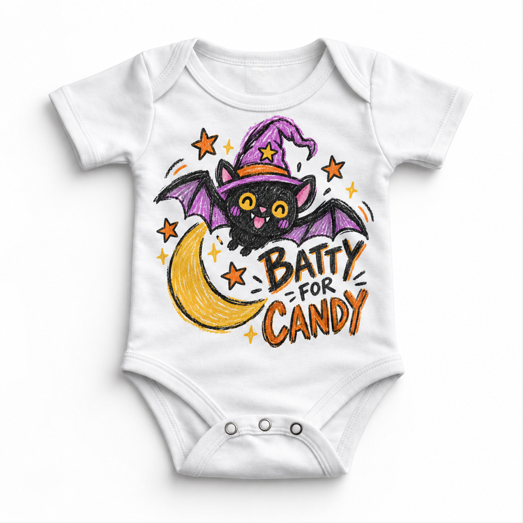 Batty for Candy Halloween Shirt for Kids – white baby bodysuit