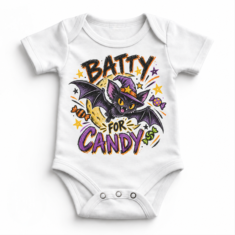 Batty for Candy Halloween Shirt for Kids – white baby bodysuit