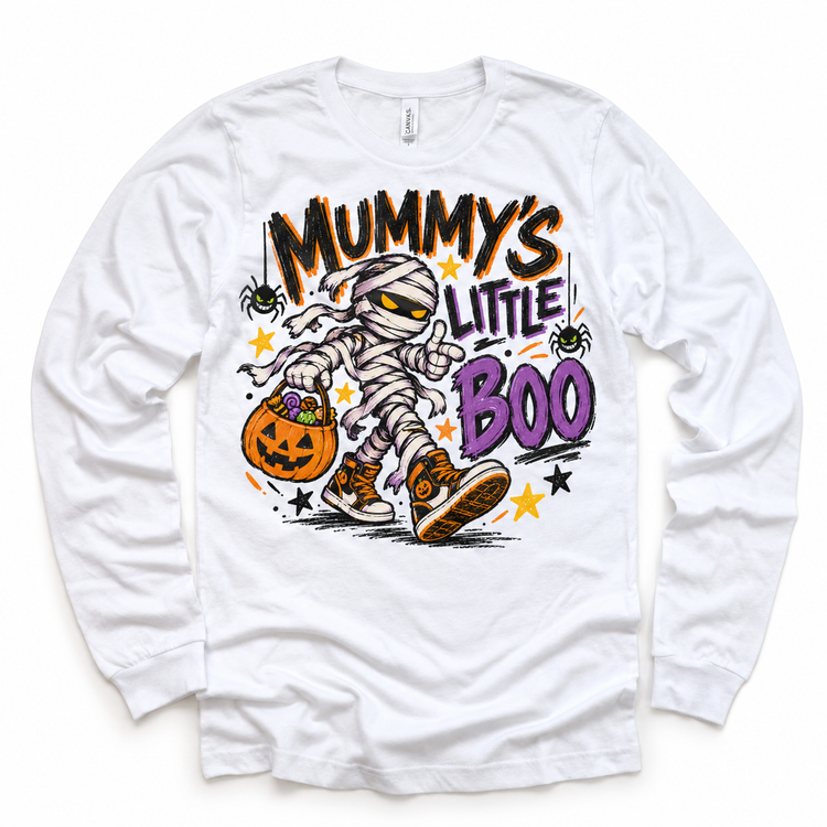Mummy's Little Boo Halloween Shirt for Kids – white long-sleeve youth shirt