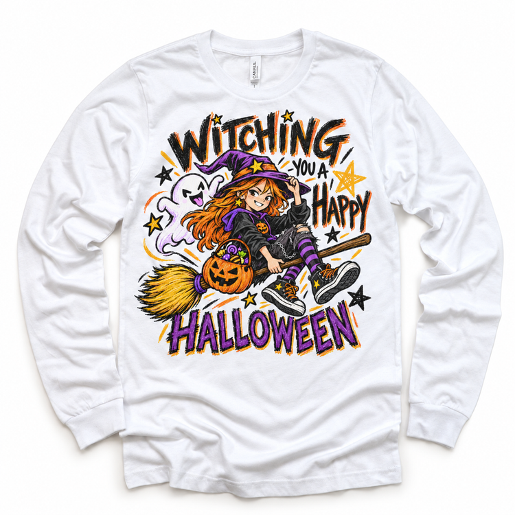 Witching You a Happy Halloween Shirt for Kids – white long-sleeve youth shirt