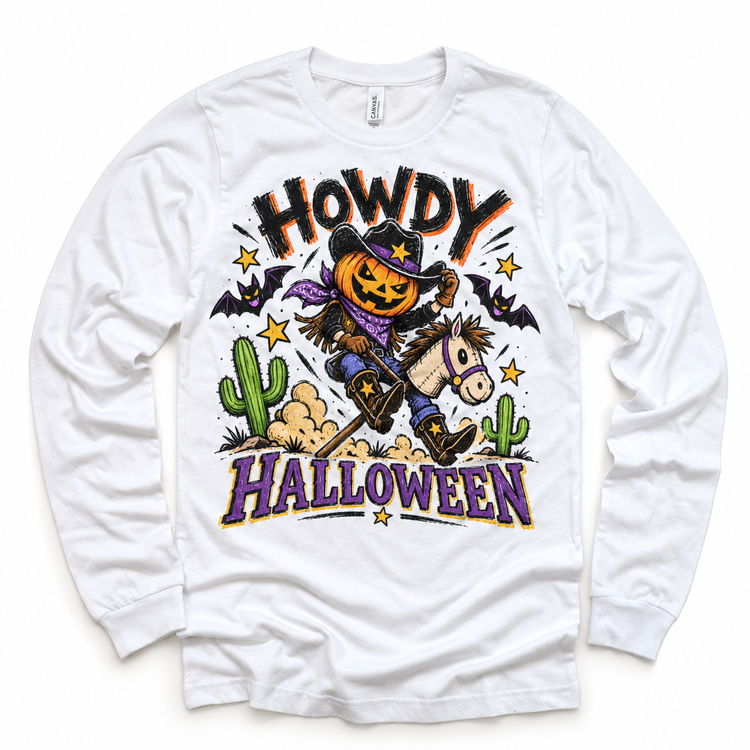 Howdy Halloween Western Shirt for Kids – white long-sleeve youth shirt