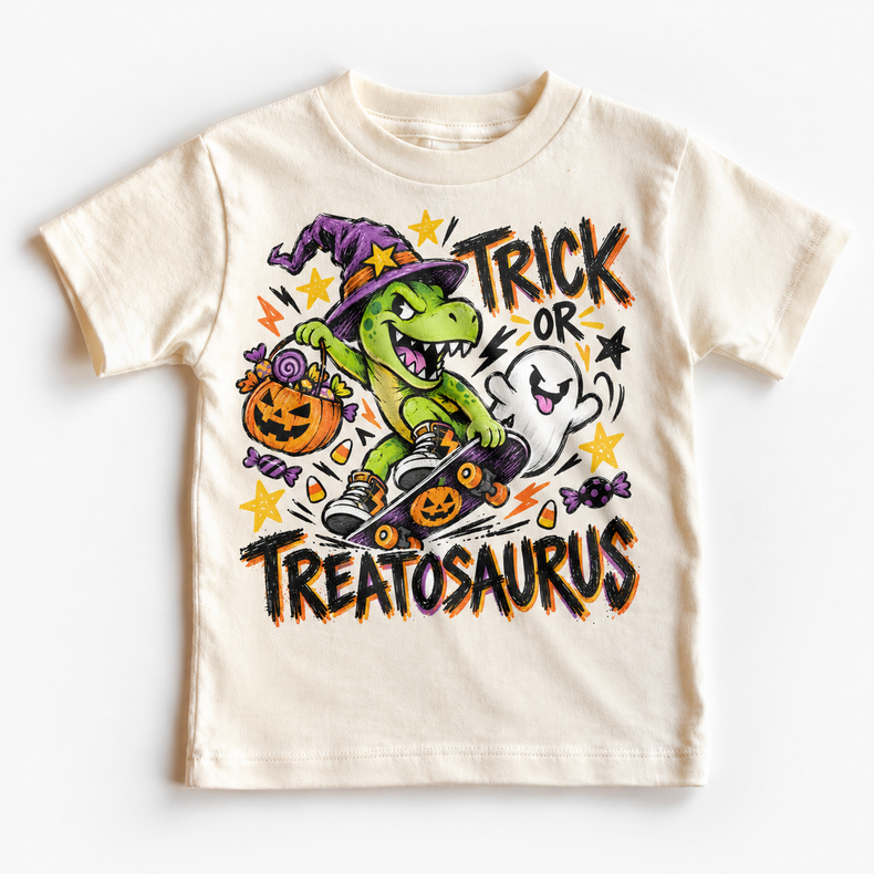Trick or Treatosaurus Halloween Shirt for Kids natural short sleeve tee