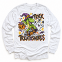 Trick or Treatosaurus Halloween Shirt for Kids – white long-sleeve youth shirt