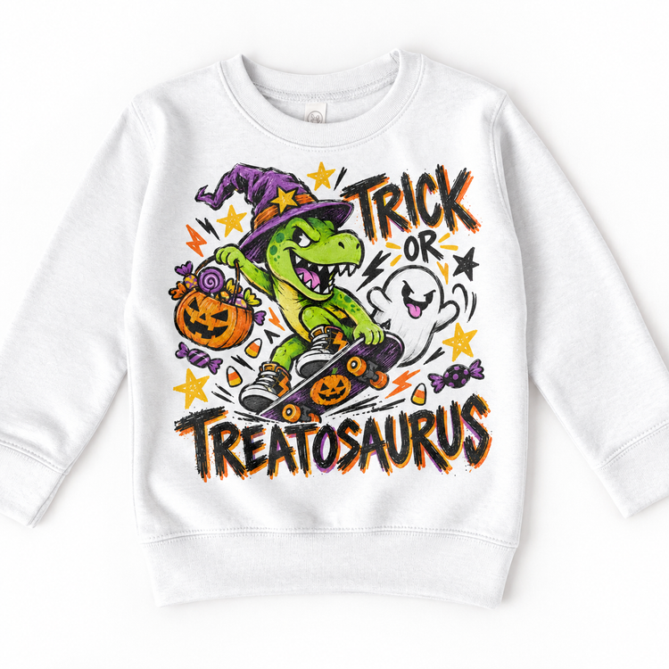Trick or Treatosaurus Halloween Shirt for Kids – white youth sweatshirt