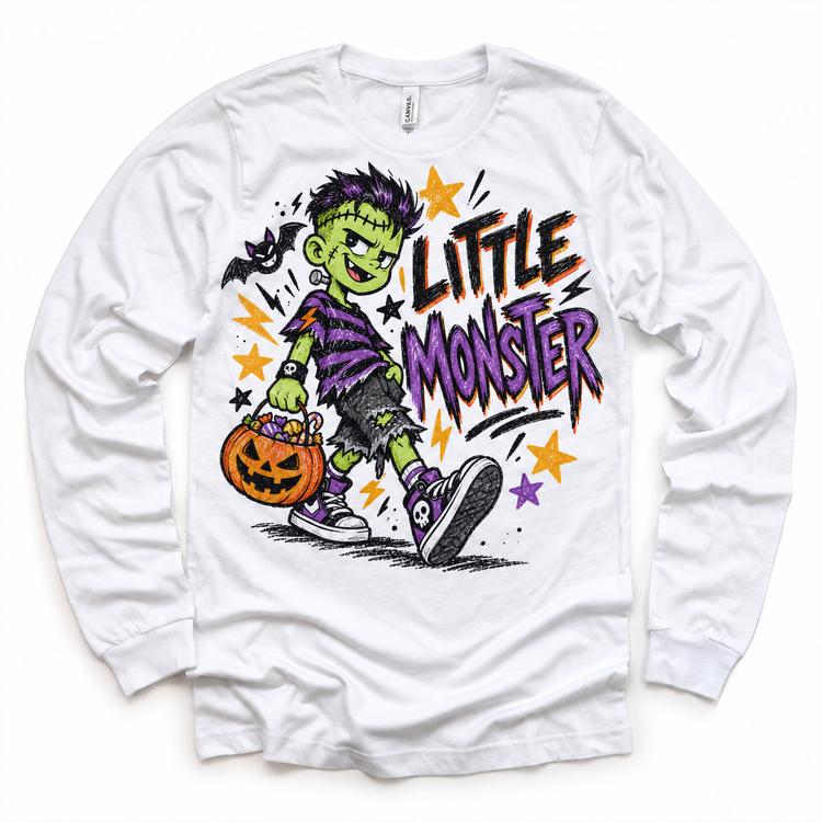 Little Monster Halloween Shirt for Kids – white long-sleeve youth shirt