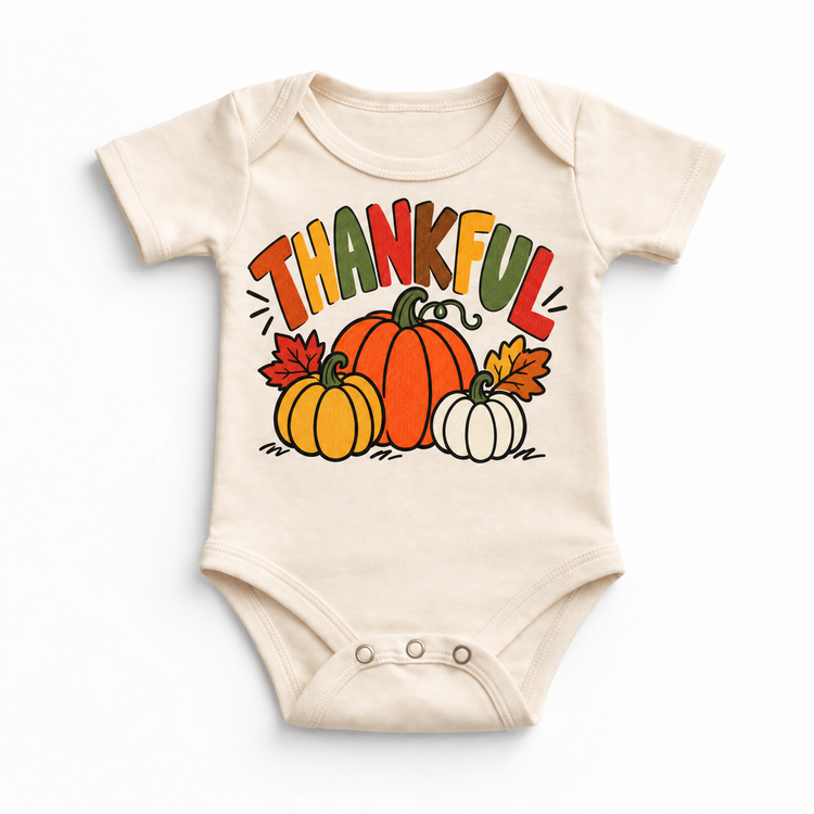 Thankful pumpkin Thanksgiving design on a natural bodysuit