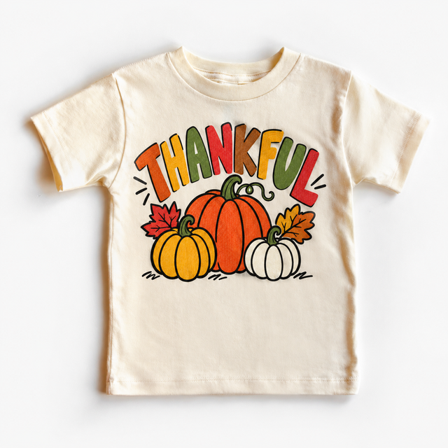 Thankful pumpkin Thanksgiving design on a natural short sleeve tee