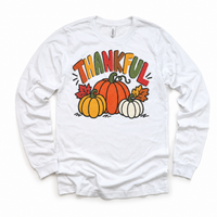 Thankful pumpkin Thanksgiving design on a white long sleeve tee