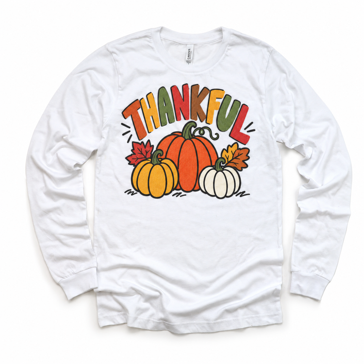 Thankful pumpkin Thanksgiving design on a white long sleeve tee
