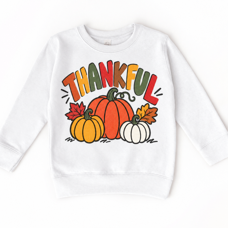 Thankful pumpkin Thanksgiving design on a white sweatshirt