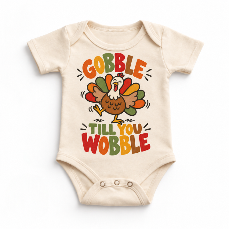 Gobble Till You Wobble Turkey design on a natural bodysuit