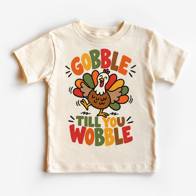 Gobble Till You Wobble Turkey design on a natural tee