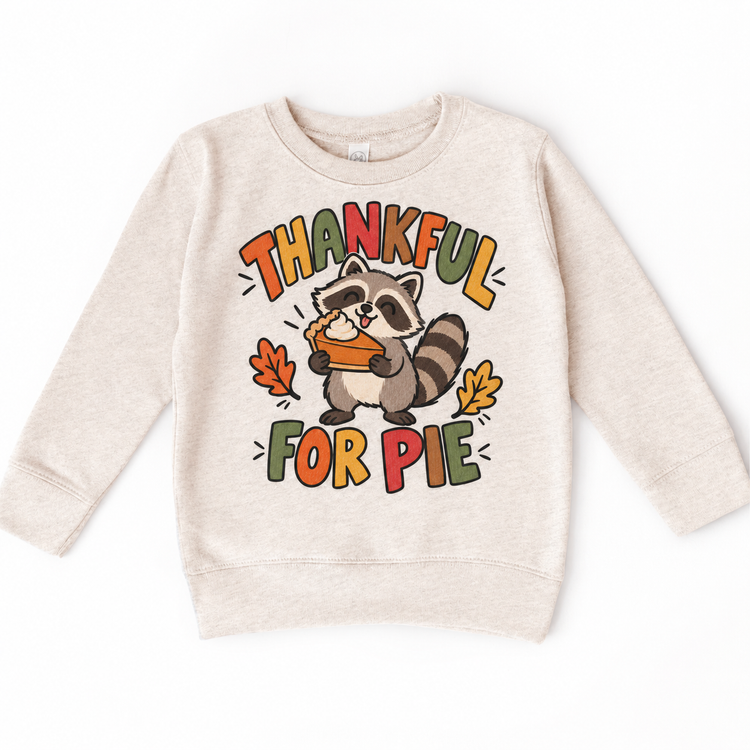 Thankful for Pie Raccoon design on a natural sweatshirt