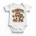Thankful for Pie Raccoon design on a white bodysuit