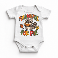 Thankful for Pie Raccoon design on a white bodysuit