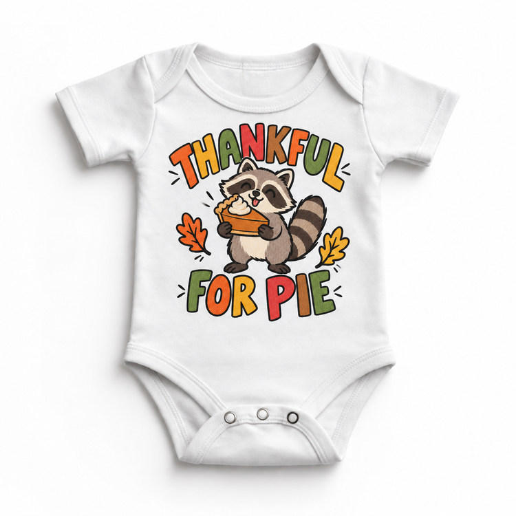 Thankful for Pie Raccoon design on a white bodysuit