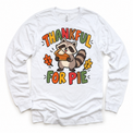 Thankful for Pie Raccoon design on a white long sleeve tee