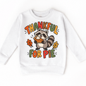 Thankful for Pie Raccoon design on a white sweatshirt