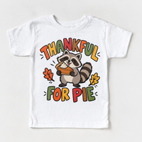 Thankful for Pie Raccoon design on a white tee