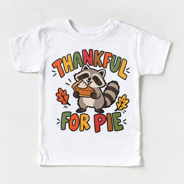 Thankful for Pie Raccoon design on a white tee